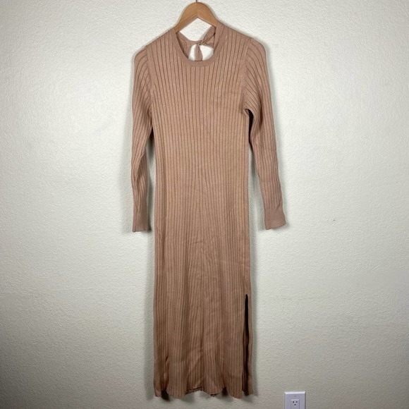 NEW Wayf Ribbed Knit Sweater Dress Midi Tan Cutout Tie Emily x Dede Size Medium - Picture 5 of 10